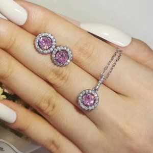 Sterling Silver (S925) Pink Gems on a Circle Silver Necklace & Earrings …
